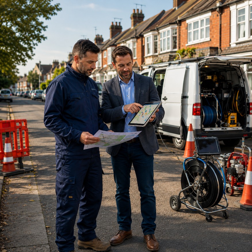 Drainage company owner discussing local marketing strategy